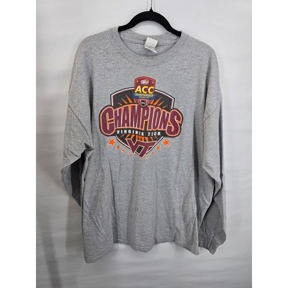 Vintage 2007 Virginia Tech Hokies ACC Champions Long Sleeve Shirt‎ Mens 2XL Gray